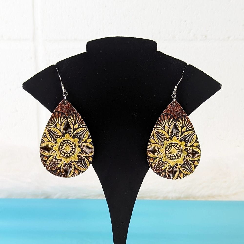 Beautiful Faux Leather Boho Teardrop Earrings Sunflower Design